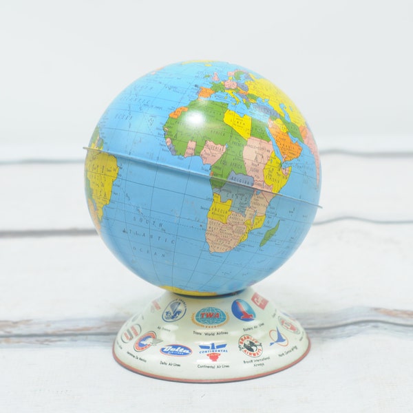 Vintage 7.5" Ohio Art Tin Litho World Globe Bank Airline Company Logos Advertising Tin Litho Toy