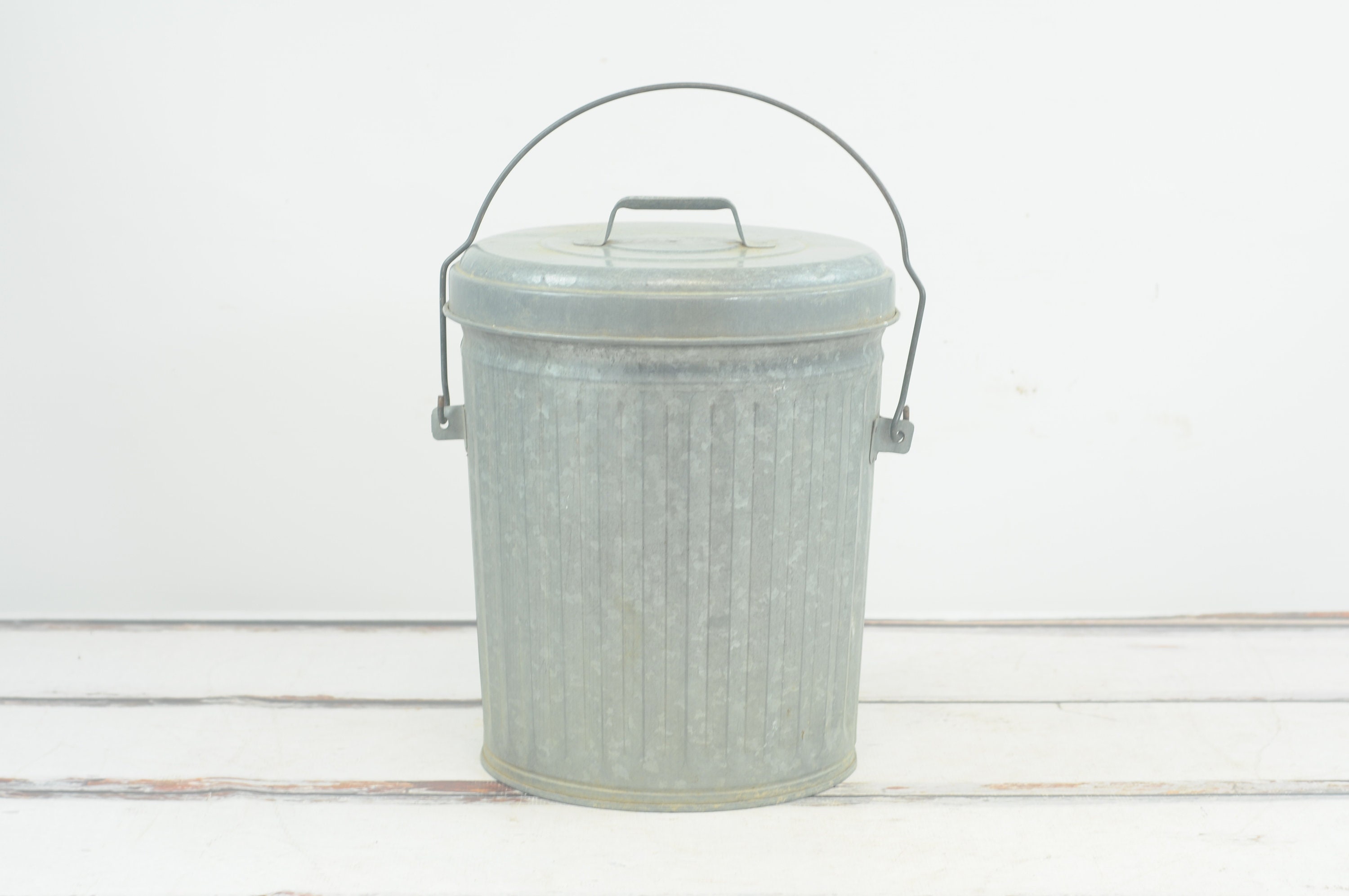 c. 1950's original pressed american industrial vintage steel roberts  electric company office stationary trash can or paper waste basket with  original baked on gray enameled finish