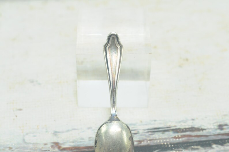 May include: A silver teaspoon with a decorative handle. The spoon is in focus and the background is blurred.
