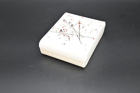 Vintage Milk Glass Covered Trinket, Cigarette Box Geometric Red, Black Splatter
