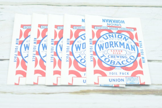Vintage . 5 NOS 1930s Union Workman Chewing Tobacco Advertising Tobacco Bag  Heavy Paper Packaging +