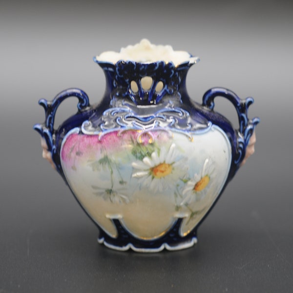 Rare Antique 1800s Art Nouveau Cobalt Blue Porcelain Vase Reticulated Neck and Faces On The Handles Hand Painted Flowers
