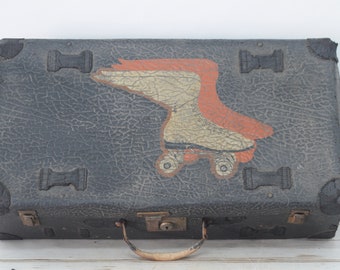 Antique ./ Vintage Black Leather suitcase Luggage Roller Derby Case Roller Skates Bag