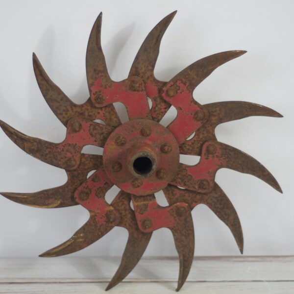 Industrial Salvage Farm Rusty Rotary Hoe Wheel Garden Ready