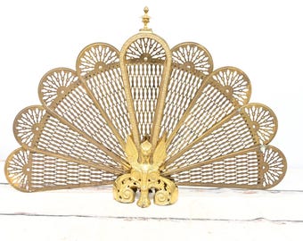 Antique Brass Fireplace Folding Peacock Fan Screen Griffin Gargoyle Regency