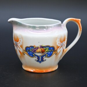 Vintage . German Hand Painted Bone China Creamer Fruit and Stencil Painting Cream Pitcher