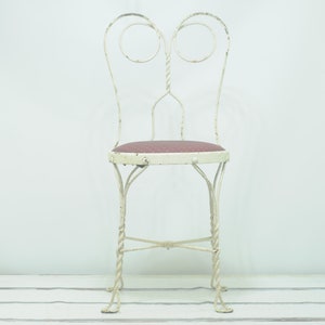Vintage Off White Chippy Paint Wrought Iron ice Cream Parlor Chair 35&quot;H Vinyl Seat #3