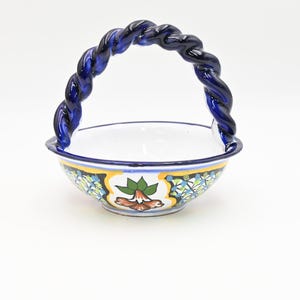 Vintage Mexican Folk Art Talavera Pottery Ceramic Wavy Twist Handle Bowl Blue