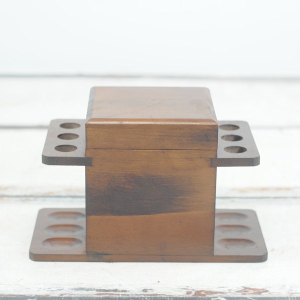 Vintage Walnut Wood 6 Pipe Rack Wood Box Chesterfield Japan Humidor and Lid Pipe Collectible Tobacciana Decor +