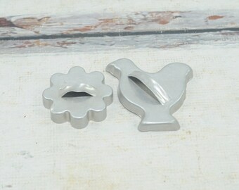 Vintage . Small Aluminum Flower and Rooster/Chicken Strapped Cookie Cutter Mold  Rustic Decor Primitive Decor