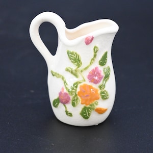 Vintage Beautifully Hand Painted Miniature Ceramic Pitcher Pink and Orange Flowers Individual Syrup Pitcher Creamer