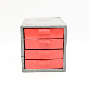 Vintage Small Gray and Red Dunlap Parts Tool Metal 4 Drawer Cabinet Chest Box
