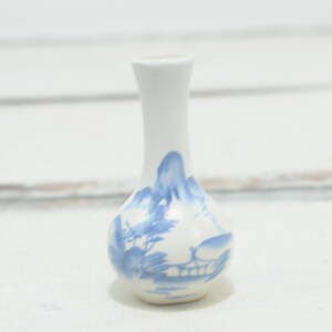 Vintage Porcelain Vase Saki Bottle Japanese Porcelain Hand Painted Blue Japanese Village Small Decorative Asian Vase
