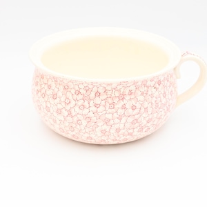 Puede incluir: Un orinal de cerámica blanca con un patrón floral rosa. El orinal tiene una sola asa y una forma redondeada.