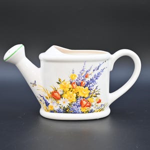 Vintage Teleflora Gift Ceramic Planter Watering Can Vase Wild Flowers Butterfly White