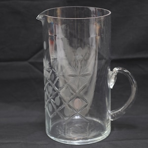 Lovely Vintage MCM Clear Blown Glass Cocktail Pitcher Etched Starburst Delicate Pitcher