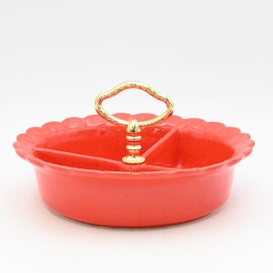 Vintage California Pottery Red Orange Divided Relish Candy Dish Easter Thanksgiving Christmas