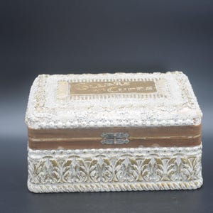 Large Antique Victorian Embossed Wood Box Collars and Cuffs, Glove Box Dresser Box Decorative