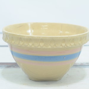 Antique Yellow Ware 8.5&quot; Stoneware Bowl Sunrise Starburst McCoy? Mixing Bowl Blue Stripe Bowl Collectible Stoneware