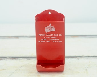 Vintage Red Plastic Match Safe Wall Box Advertising Peach Valley Gas Co Ozark Arkansas +