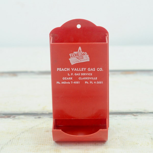 Vintage Red Plastic Match Safe Wall Box Advertising Peach Valley Gas Co Ozark Arkansas +