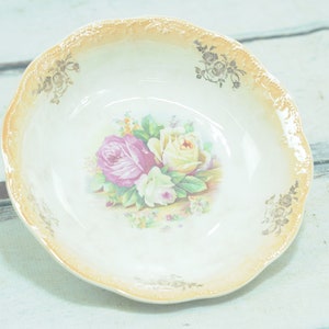 Antique/Vintage Porcelain Hand Painted Bowl With Orange Rim With Gold Leaf and Roses In The Bottom