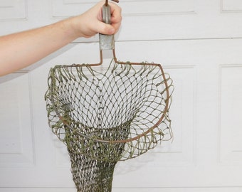 Vintage . Metal and Linen Fishing Net Basket With Clamp 