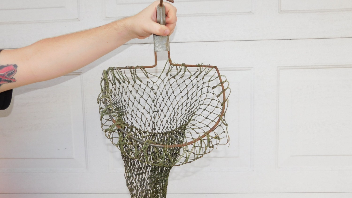 Vintage . Metal and Linen Fishing Net Basket With Clamp 