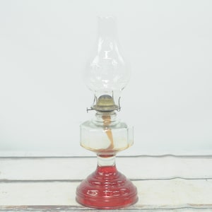 Vintage . Red Glass Base Oil Lantern Oil Lamp 18.5&quot; Kerosene Lantern Homesteader