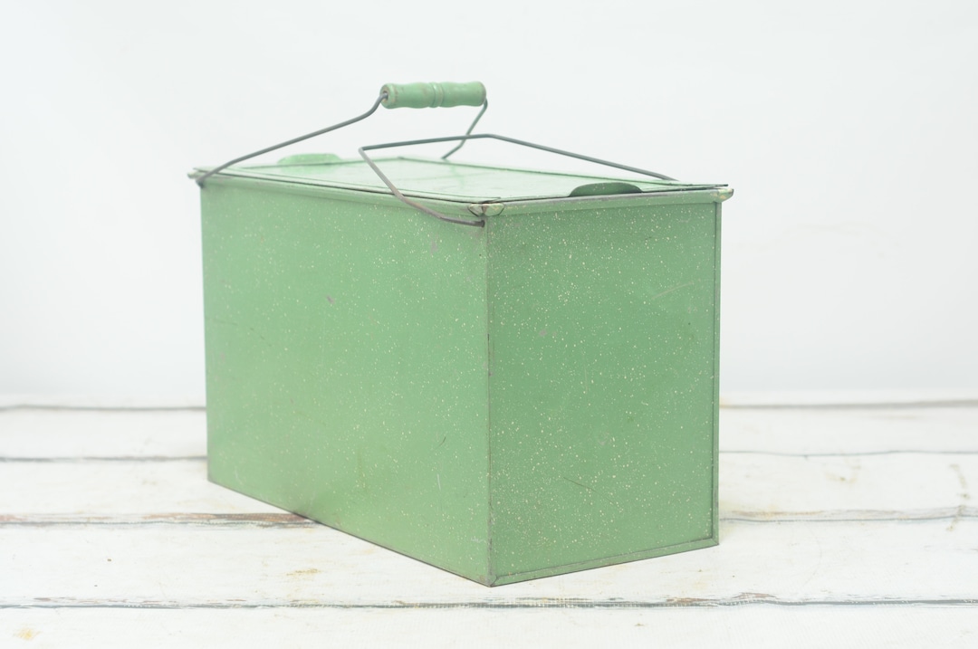 Antique Green Metal Picnic Camp Cooler Basket Food Carrier Metal Box