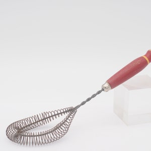 Twisted . Wire Whisk Antique Metal Egg Whip Vintage Turned Red andYellow Wood Handle Primitive Kitchen