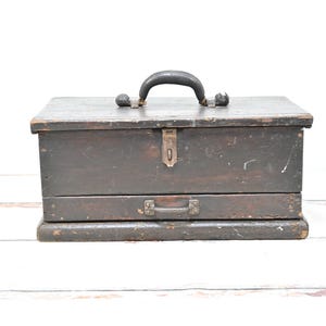 Antique/Vintage Wood Carpenters Machinist Chest Leather Handle One Drawer Folk Art Wood Trunk 20x12x9