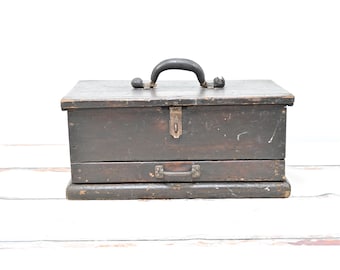 Baúl de carpintero de madera antiguo/vintage con asa de cuero y un cajón, estilo arte popular, 20 x 12 x 9 pulgadas