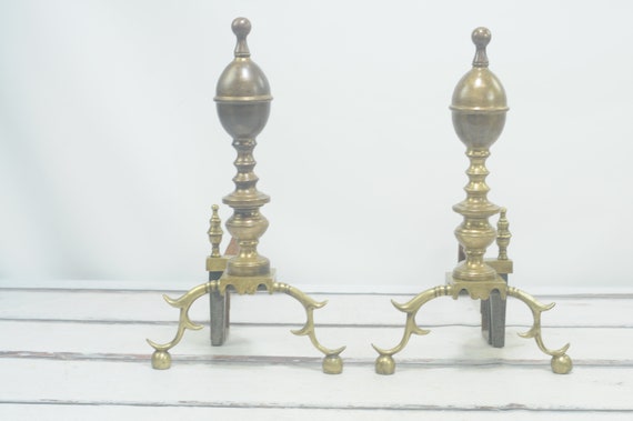 Rare Large Antique Paul Revere Harvin Co Brass Andirons Virginia  Metalcrafters Acorn Top Brass and Cast Iron Fireplace Andirons Fire Dogs 
