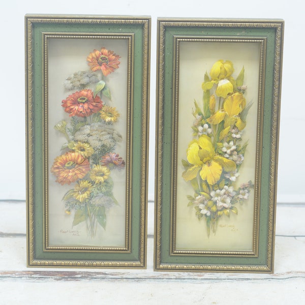 2 Vintage Signed ROBERT LAESSIG 3D Paper Pieced Wildflowers Wood Frames MCM Wall Art