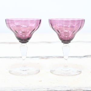 Pair of Amethyst Purple Plum Paneled Optic Cordial, Champagne, Wine Stemmed Glasses