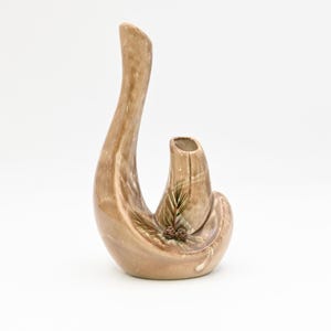 May include: A ceramic vase with a unique, abstract design. The vase is brown and beige with a painted pine cone design. It has a tall, curved neck and a smaller opening at the top.