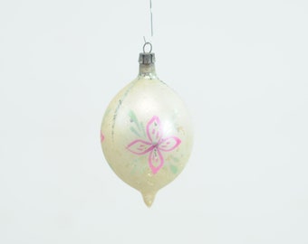 Vintage Christmas Ornament Soft White Glass Teardrop With Hand Painted Pink Flowers Made In Poland Christmas Ornament (Box 65 +)