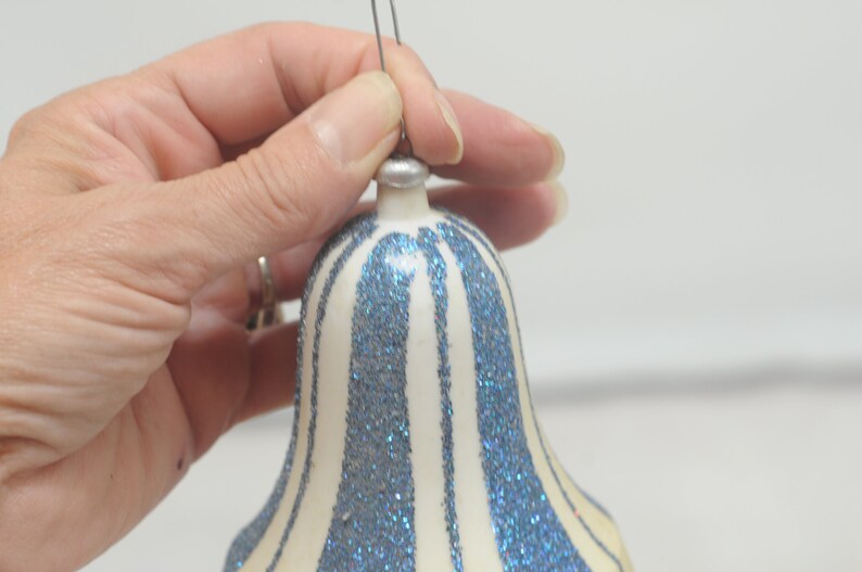 Vintage Christmas Ornament Large Plastic Bell off White With Blue