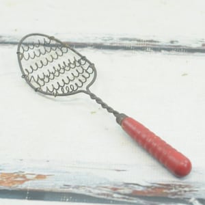 Twisted . Wire Whisk Antique Metal Egg Whip Vintage Turned Red Wood Handle Primitive Kitchen
