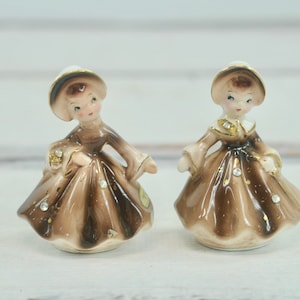 Vintage Enesco Salt Pepper Shakers Golden Girls in Brown Collectible Porcelain Made in Japan