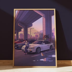 Lámina artística JDM Night Meet – Coches retro japoneses, póster de la ciudad