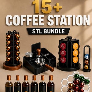 Pacote com mais de 15 arquivos STL para Estação de Café | Organizador de Bar de Café | Acessórios e Armazenamento para Espresso | Arquivos para Impressão 3D