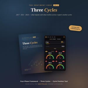 May include: A digital graphic with the title "Three Cycles" and the subtitle "2017-2021-2024 - what repeats and what evolves across crypto's market cycles." The image includes a book, a digital interface, and the text "19-PAGE PDF + WORKSHEETS."