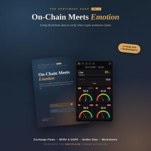 May include: A digital graphic promoting "On-Chain Meets Emotion" with the text "Using blockchain data to verify what crypto sentiment claims." The image includes a book, a digital interface, and the phrase "17-PAGE PDF + WORKSHEETS."