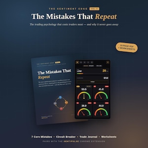 May include: A book titled "The Mistakes That Repeat" with a dark blue cover, next to a digital interface displaying financial data. The image includes the text "The trading psychology that costs traders most - and why it never goes away."
