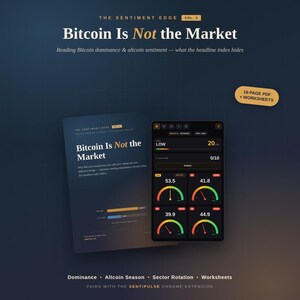 May include: A promotional image for "Bitcoin Is Not the Market" featuring a book and a mobile app interface. The book cover displays the title in large white text. The app shows financial data with gauges. The image includes the text "18-PAGE PDF + WORKSHEETS".