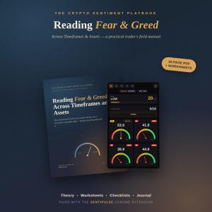 Puede incluir: Un libro titulado "Reading Fear & Greed" y un teléfono inteligente que muestra una interfaz de aplicación de trading. La portada del libro presenta el título y el subtítulo "Across Timeframes & Assets". La aplicación muestra indicadores de sentimiento del mercado.