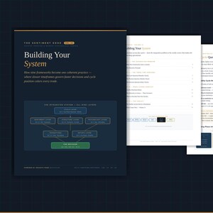 May include: A dark blue educational document titled The Sentiment Edge Vol 10 Building Your System. It features a central flowchart diagram illustrating nine layers of trading frameworks, including cycle, sentiment, structure, and psychology layers.