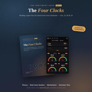 Puede incluir: Imagen promocional de "The Four Clocks", un producto digital sobre el análisis de la Fear & Greed de criptomonedas. Presenta un libro, una interfaz digital que muestra datos y una pegatina "21-PAGE PDF + WORKSHEETS".